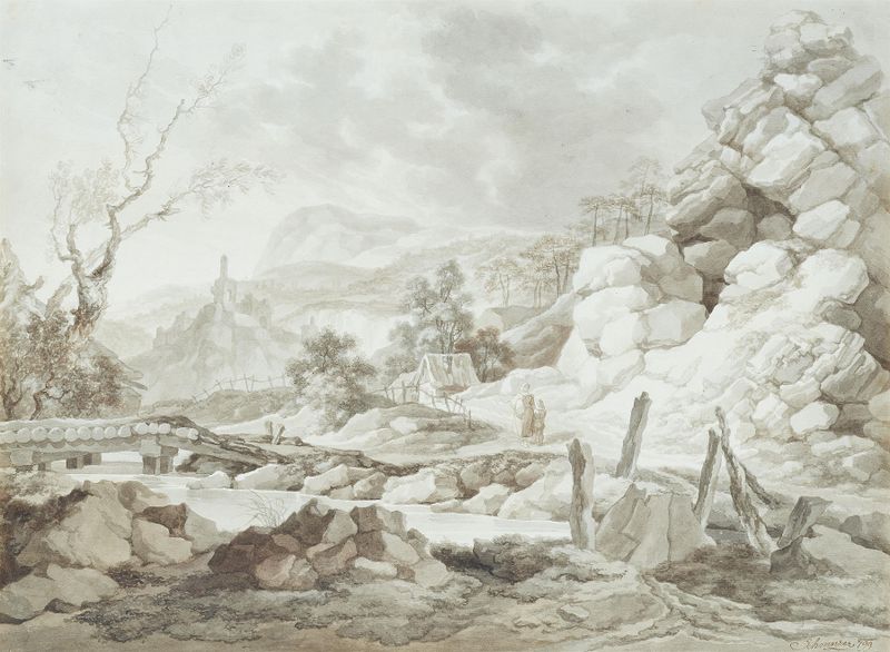 Paisaje con un arroyo de montaña, puente y figuras de Jakob Mathias Schmutzer, pintura al óleo