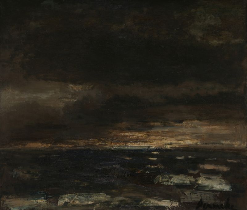 Oil painting by Constant Permeke depicting a stormy sea with deep blue and gray hues.