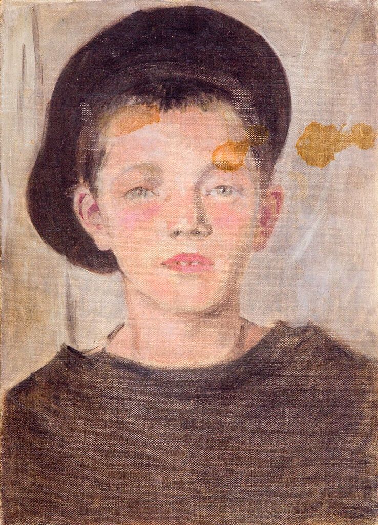 Retrato de um jovem em uma camisa preta e boné, óleo sobre tela de Denman Waldo Ross