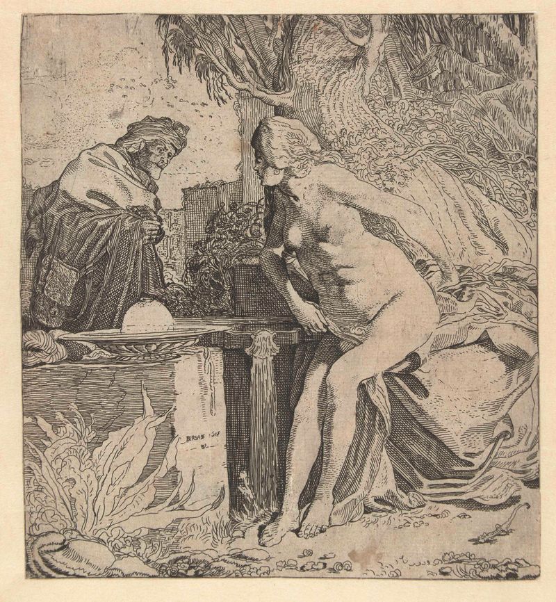Bathseba en de oude vrouw, die de brief van David brengt, etching by Willem Pietersz Buytewech