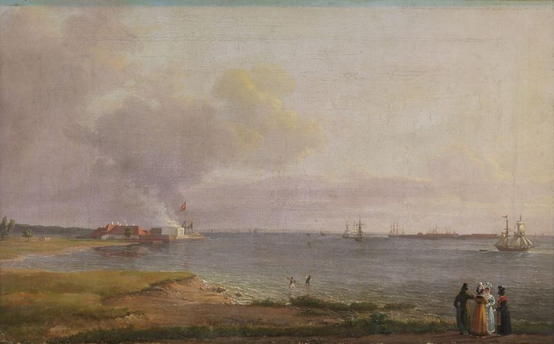 Landscape over Øresund with lime works, oil painting by Johan Christian Dahl