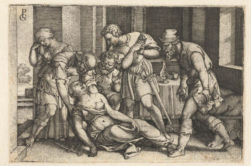 Gravura de Georg Pencz mostrando Lucrécia em angústia, iluminada por luz suave.