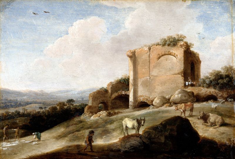 Landscape with a Roman Ruin by Charles Cornelisz. de Hooch, oil painting depicting ruins and a vast sky.