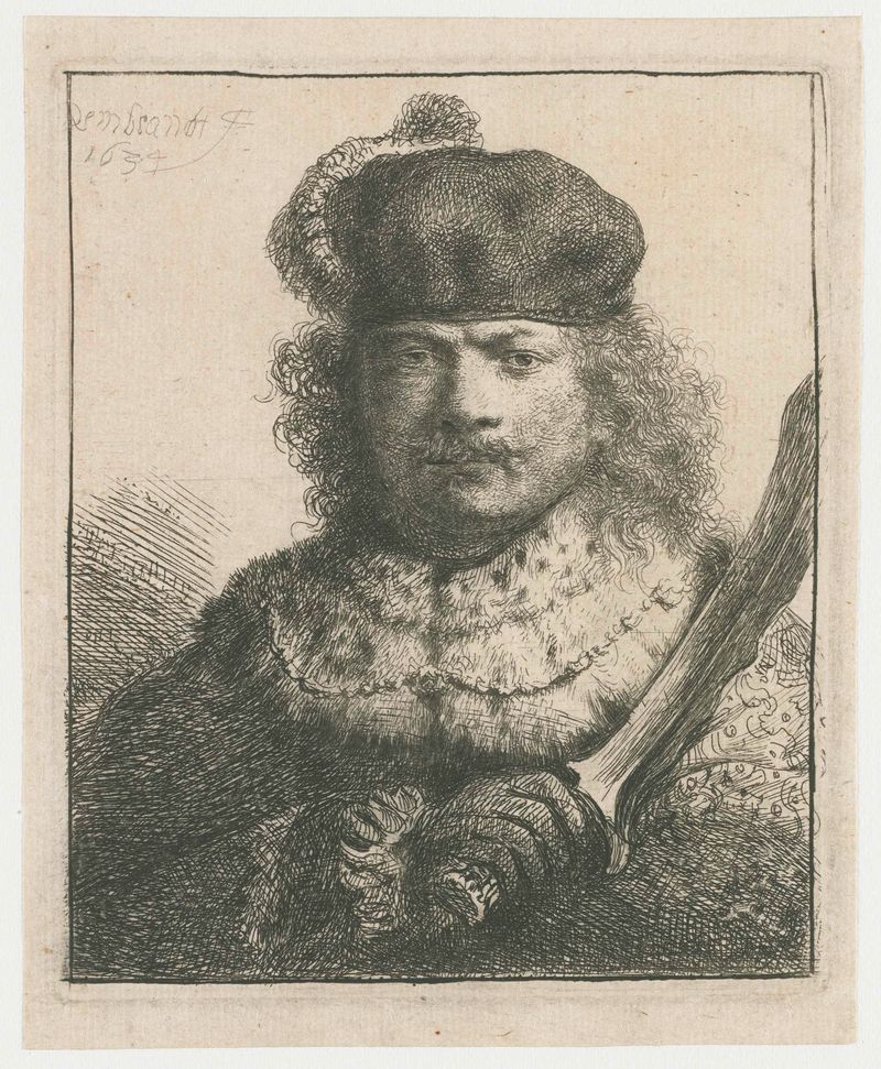Autorretrato com sabre levantado de Rembrandt van Rijn, gravura
