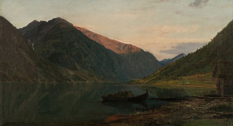Aftenstemning, Fjærland de Amaldus Nielsen, óleo sobre tela representando uma paisagem de fiorde ao crepúsculo.