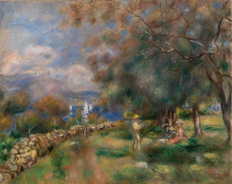 Peninsula of Saint-Jean de Pierre-Auguste Renoir, óleo sobre tela representando uma colina e um mar tranquilo.