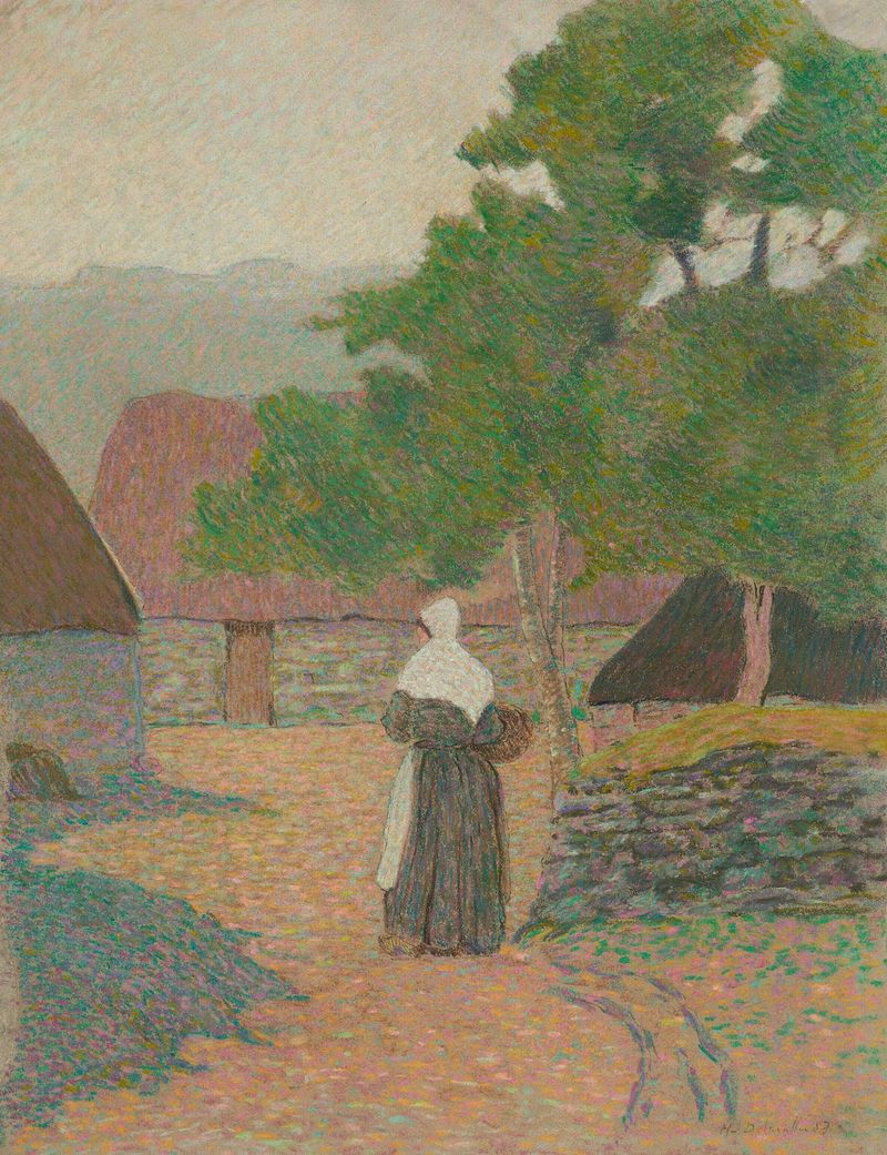 Landscape oil painting by Henri Delavallée depicting a farmer heading to her farm.