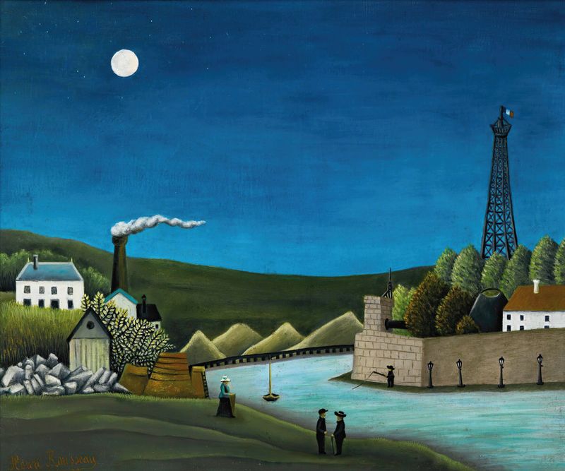 La Seine À Suresnes by Henri Rousseau, oil on canvas depicting a serene river landscape.