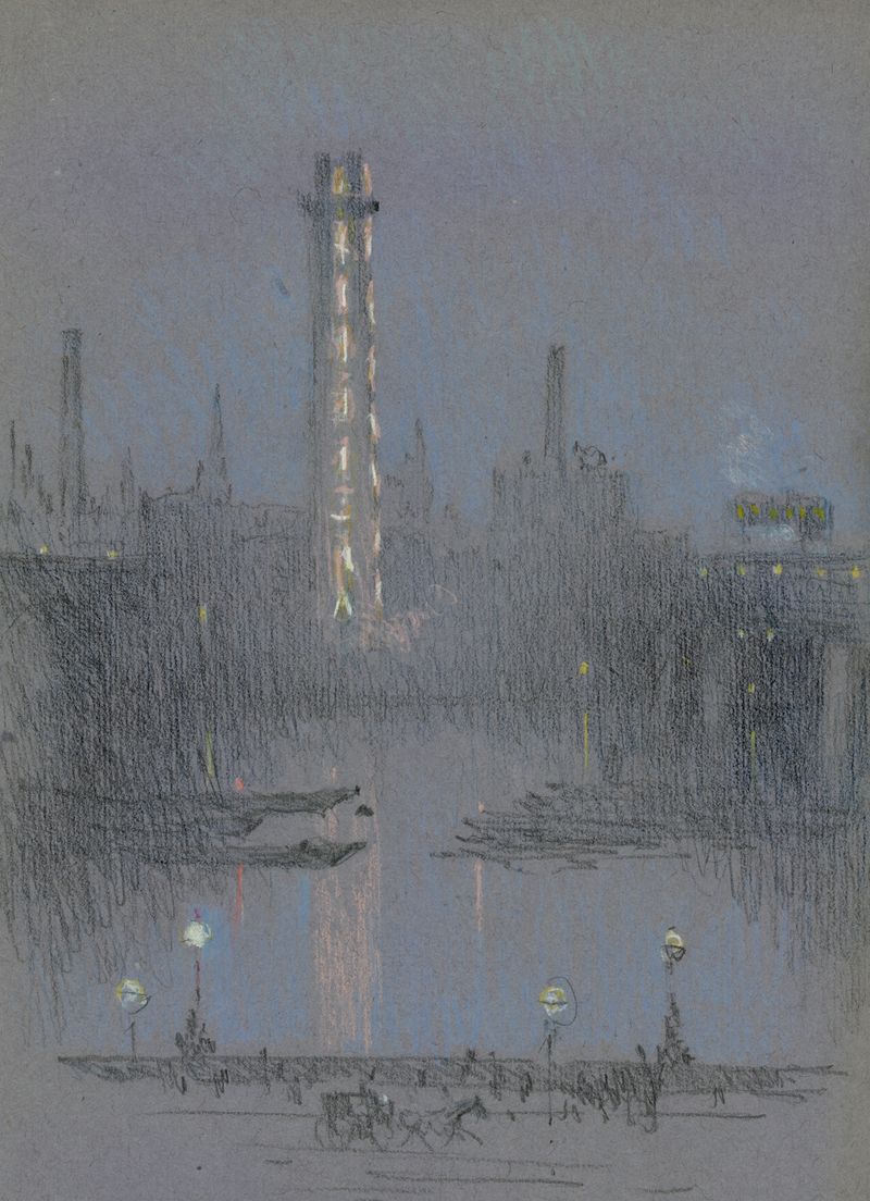 Pintura al óleo impresionista de Shot Tower con luces nocturnas de Joseph Pennell