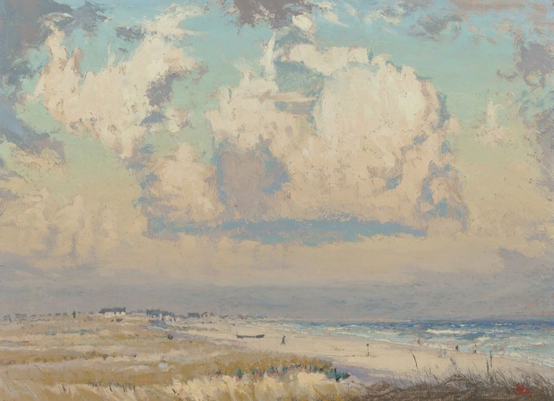 Afternoon Beach Scene de Richard Blossom Farley, pintura a óleo com figuras perto da água.