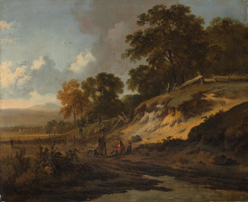 Landscape with Hunters, óleo sobre lienzo de Jan Wijnants, con cazadores en silueta contra un atardecer.