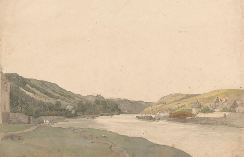 Landscape of Gezicht op de Maas by Julius Jacobus van de Sande Bakhuyzen, oil on canvas