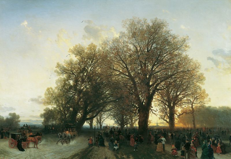 Genre scene oil painting by August Schaeffer von Wienwald depicting a family returning from an exhibition.