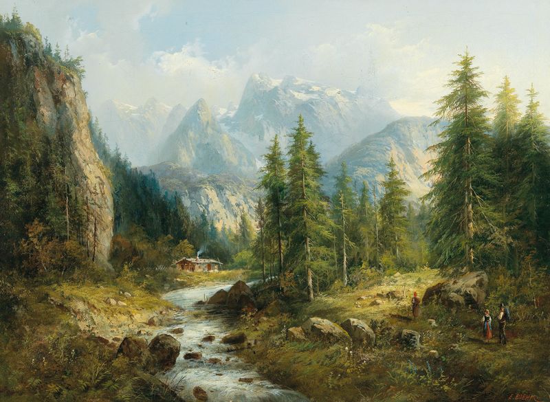Mountain landscape with decorative figures, oil on canvas by Eduard Boehm