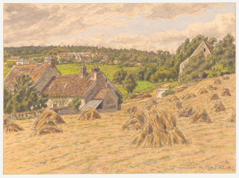 Paisagem de Henri Rivière, pintura a óleo que representa colinas e um céu cerúleo.