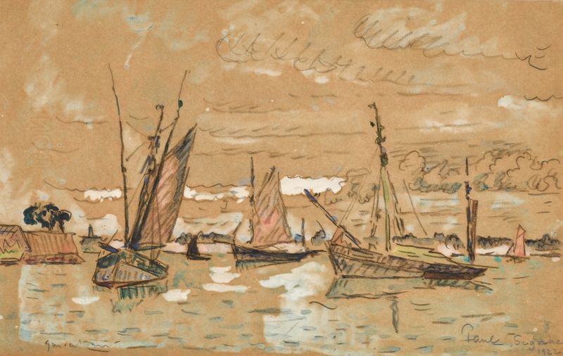 Bateaux à Honfleur de Paul Signac, pintura a óleo que retrata barcos em um porto