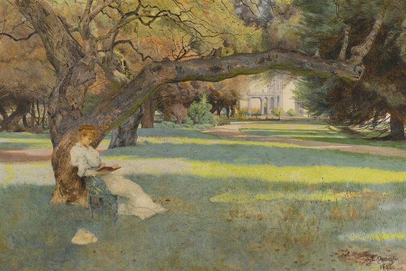 Paisagem com flores silvestres e uma propriedade, de John Herbert Evelyn Partington, pintura a óleo