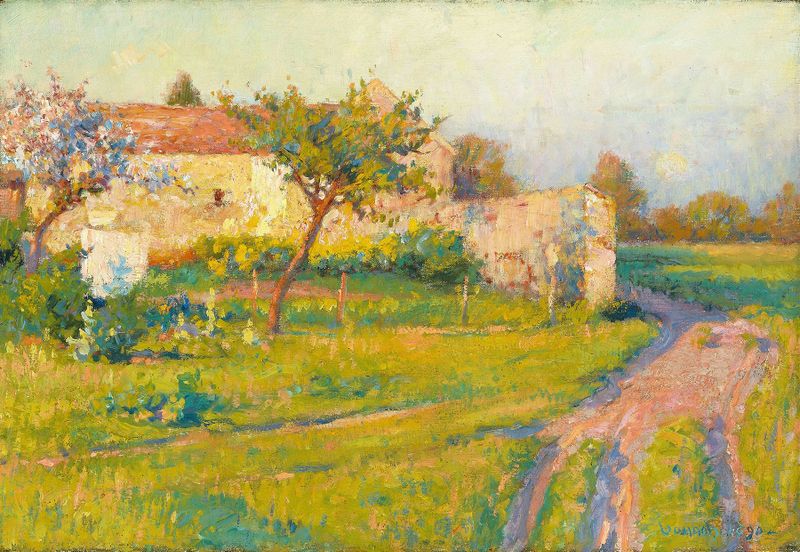 Spring in France by Robert William Vonnoh, oil painting depicting a vibrant landscape with blooming flowers.