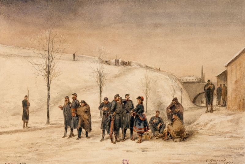 Cena de gênero com soldados e uma cantinière, pintura a óleo de Louis-Emile Benassit