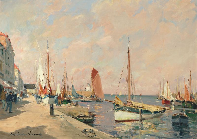 Bateaux à quai de Paul Emile Lecomte, impressionismo, retratando barcos em um porto.