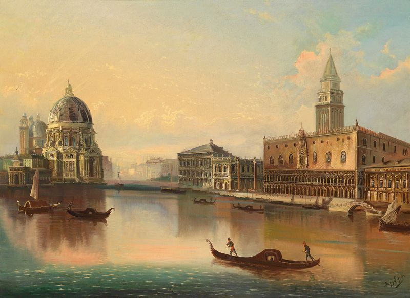 Paisaje de los canales venecianos por August Von Siegen, pintura al óleo