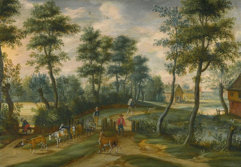 Paisagem arborizada com pastores e gado, de Izaak van Oosten, pintura a óleo
