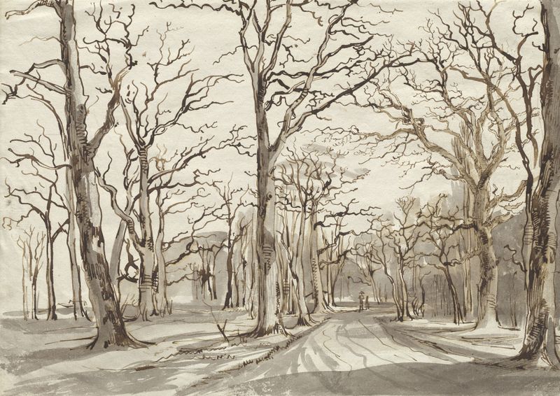 A Woodland Path in Rosenthal in Winter, pintura al óleo de Johann Christian Reinhart, que presenta un sendero forestal nev...