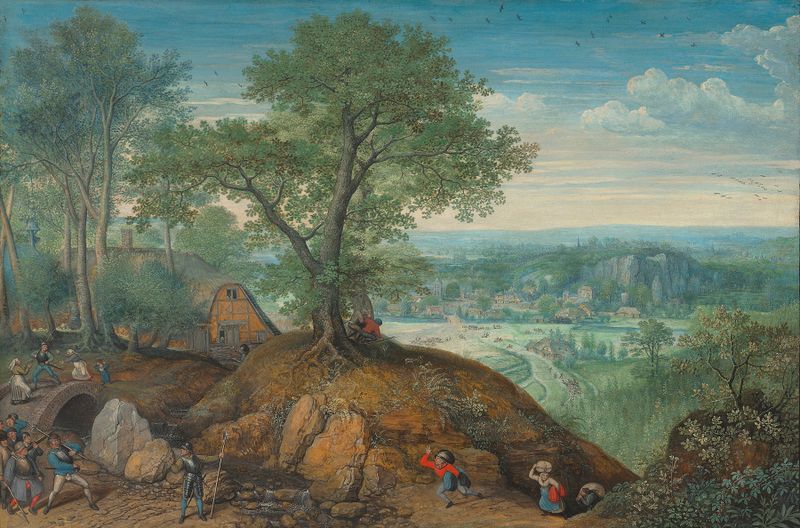 Historical scene with soldiers in armor in a landscape by Lucas van Valckenborch, oil painting