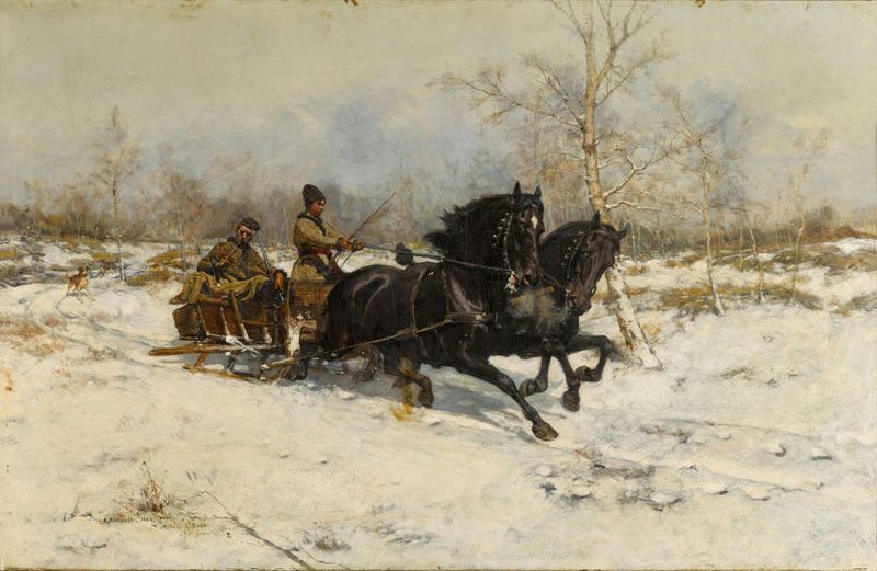 Winter landscape with a horse drawn carriage by Antoni Piotrowski, realism