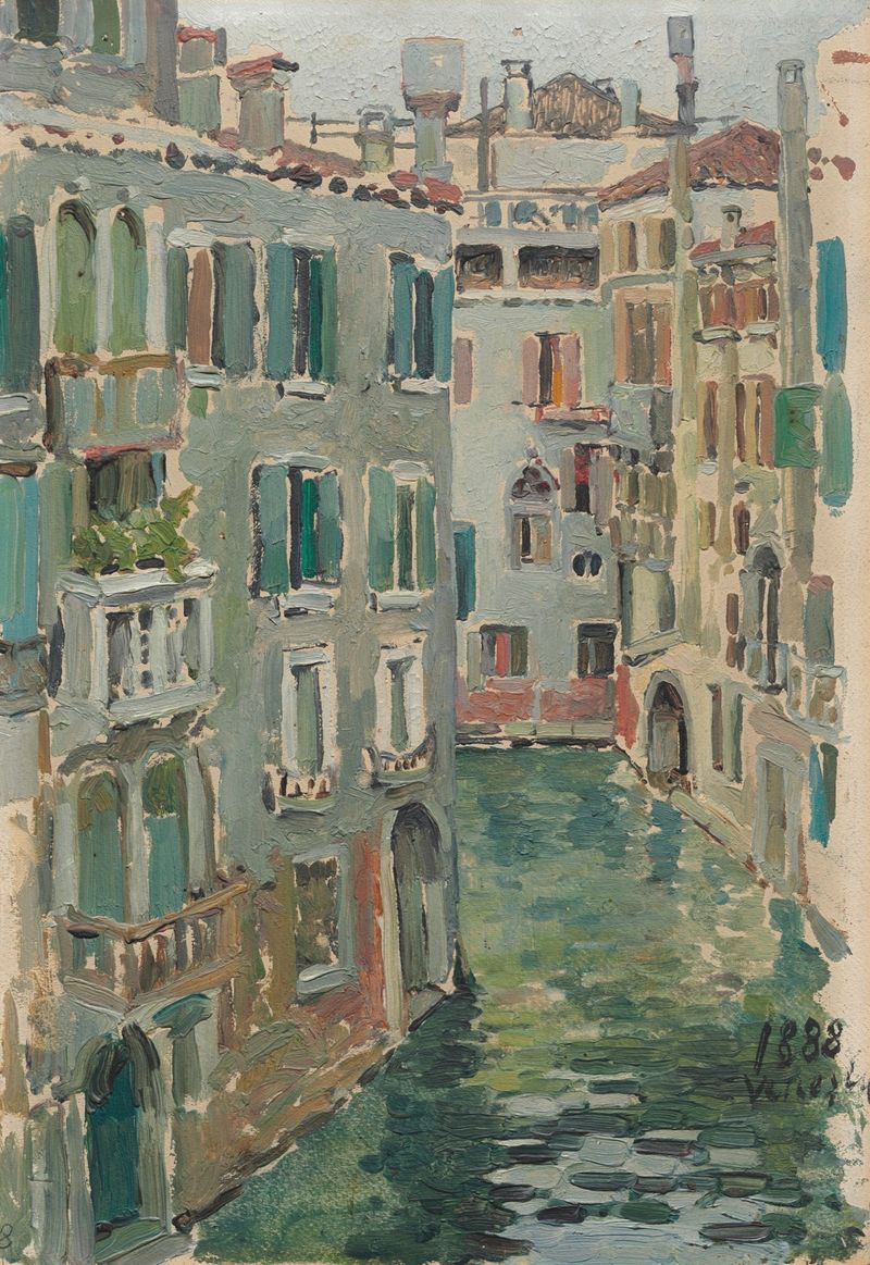 Venice by Maria Yakunchikova, oil on canvas, depicts serene Venetian architecture with golden light.