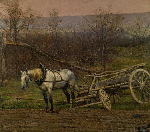 A white horse is depicted pulling a cart in a rural setting.