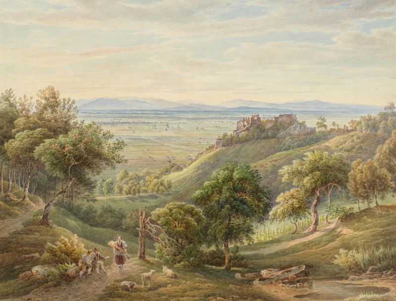 Schloss Ortenberg vor dem Wiederaufbau by Carl Ludwig Frommel, oil painting depicting a castle in ruins