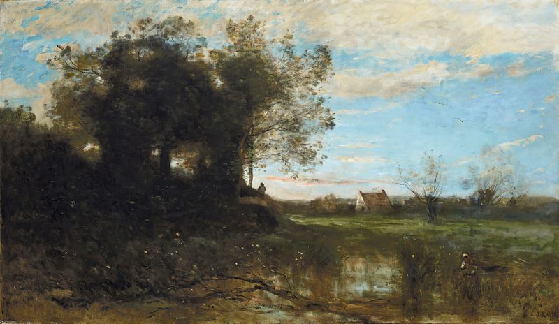 Paisaje de dunas bajo un cielo dorado de Jean-Baptiste-Camille Corot, pintura al óleo