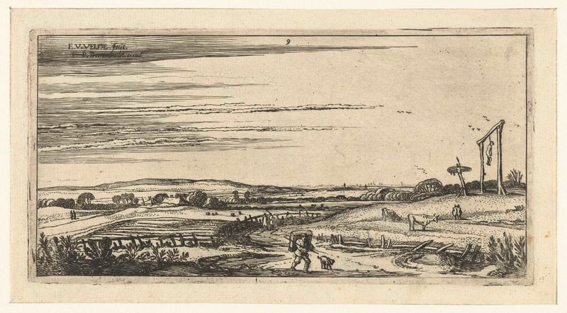 Landschap met galgenveld bij Haarlem, grabado de Esaias van de Velde, con un patíbulo en un paisaje desolado
