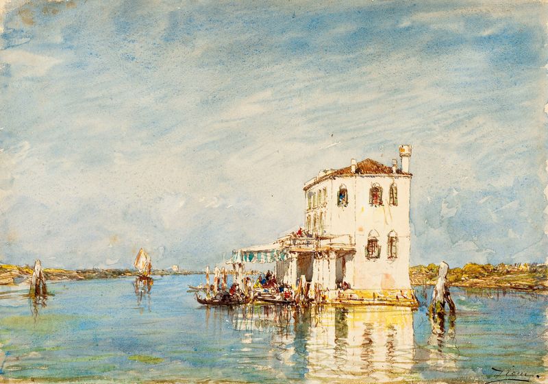 La Douane À Venise de Félix Ziem, pintura a óleo que retrata a lagoa veneziana com reflexos na água.