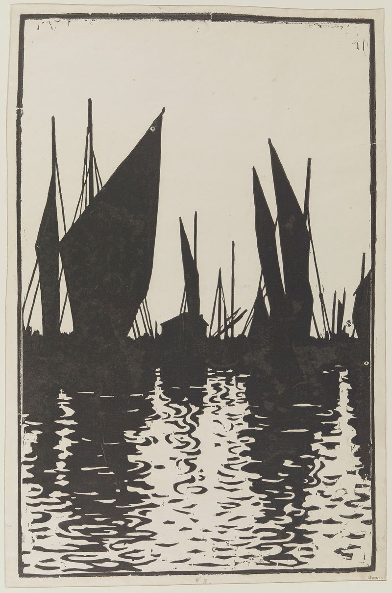 Soleil couchant, Honfleur grabado de Henri-Charles Guérard que representa un atardecer sobre el agua