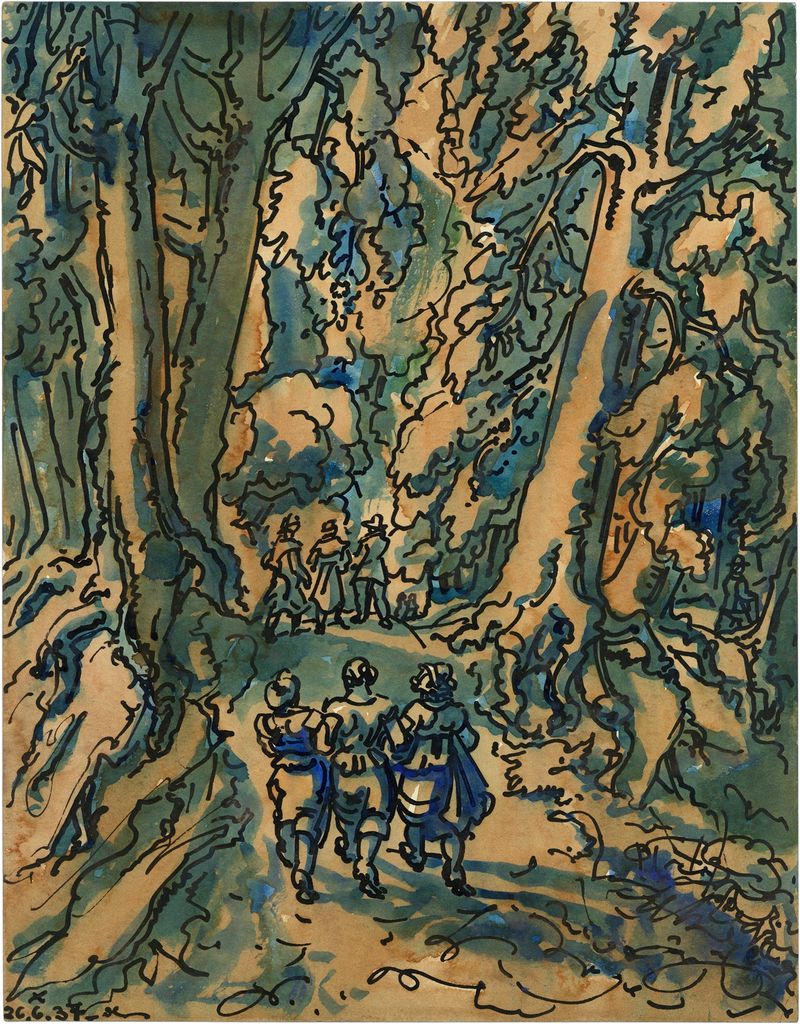 Wandelend gezelschap in een bos de Alfred Ost, óleo sobre lienzo que muestra figuras caminando en un bosque.