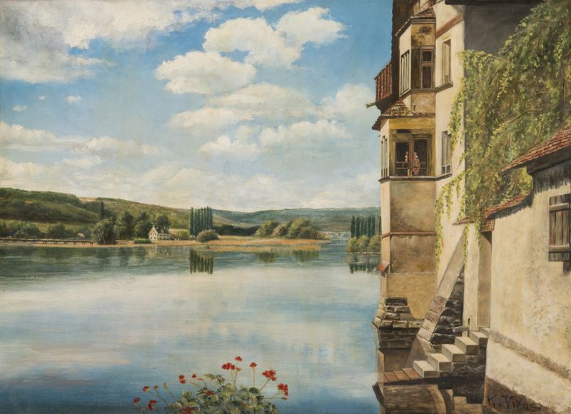 A Chateau by the Lake, oil on canvas by Karl Vikas, depicting a serene lake with a chateau.