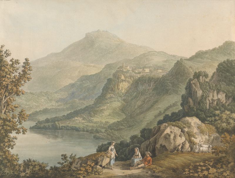 Lake Nemi by Jacob Philipp Hackert, oil on canvas depicting a tranquil lake with golden light.