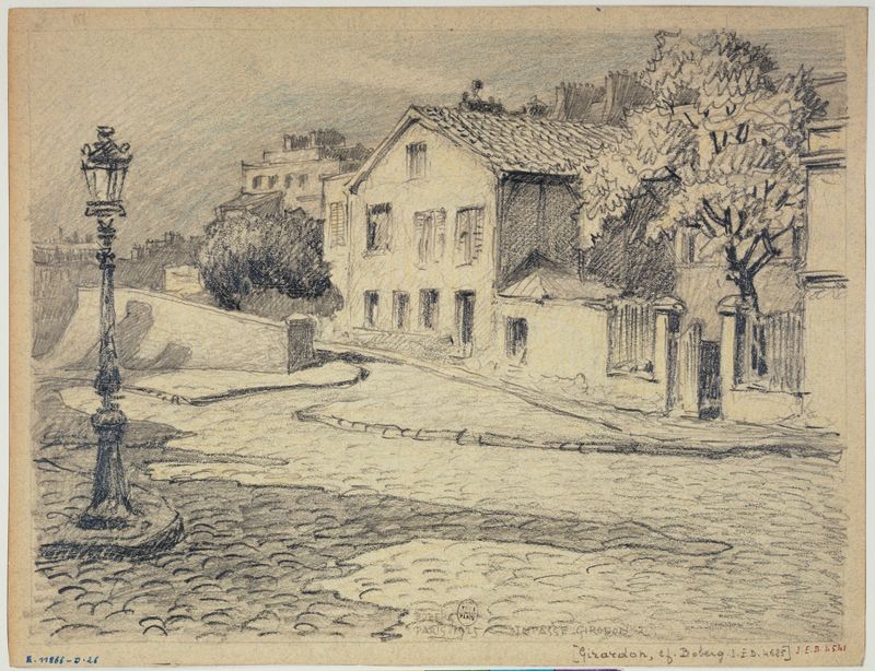 L’impasse Girardon, óleo sobre tela de Ferdinand Boberg, retratando um beco estreito com fachadas em ruínas.