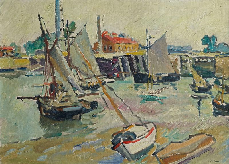 Sailboats at low tide in a harbor, oil painting by Louis Valtat