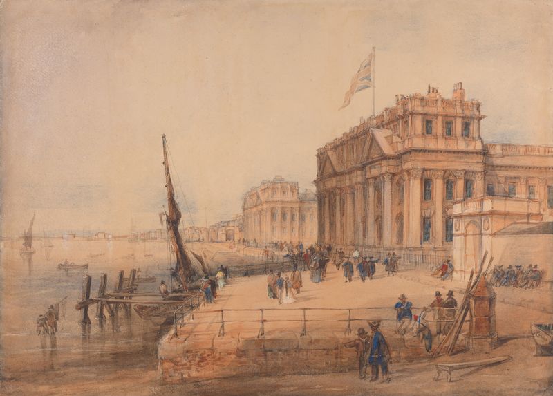 Interior scene of Greenwich Hospital by Richard Henry Nibbs, oil on canvas, featuring figures and ethereal light.