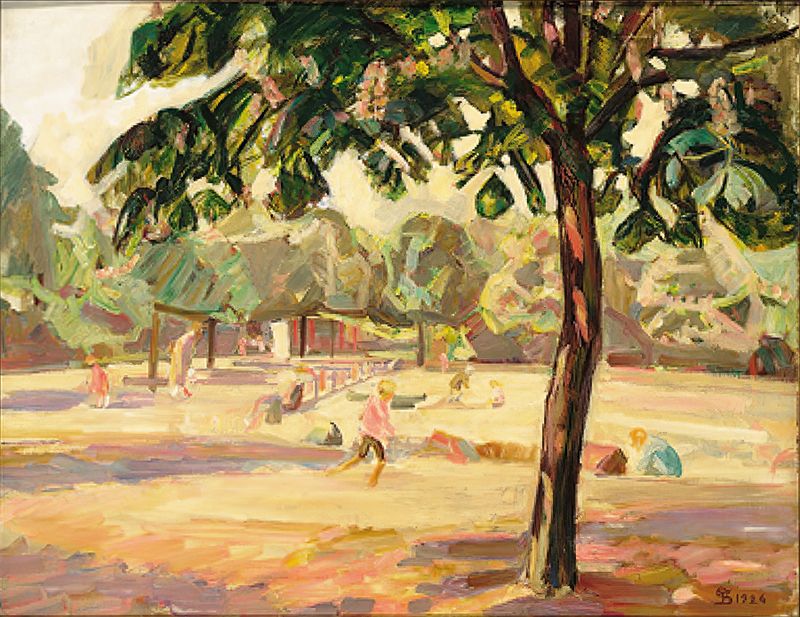 Genre scene depicting children playing in a park, oil painting by Fritz Syberg