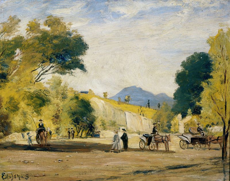 Cabs for Hire by Louis Michel Eilshemius, oil on canvas depicting urban cabs under streetlights.
