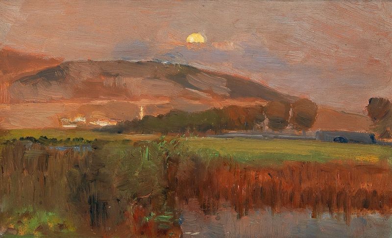 Twilight landscape with golden light, oil on canvas by Marie Egner
