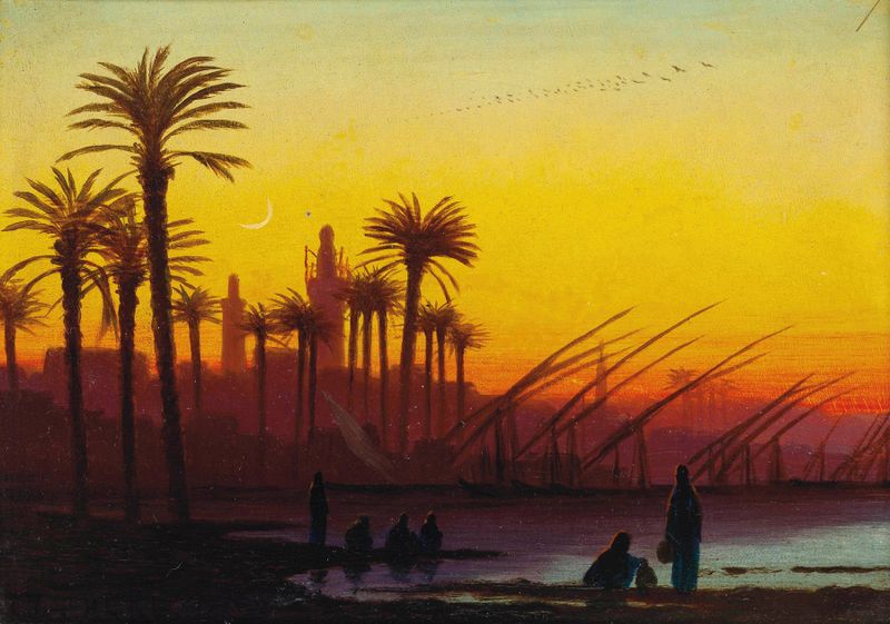 Sunset over the Nile, óleo sobre tela de Charles Théodore Frère