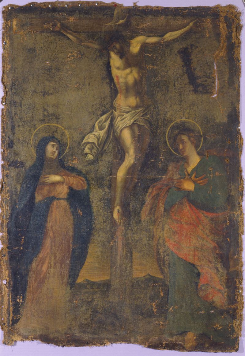 Crucifixión con la Virgen y Santa María Magdalena, óleo sobre lienzo de un artista no identificado