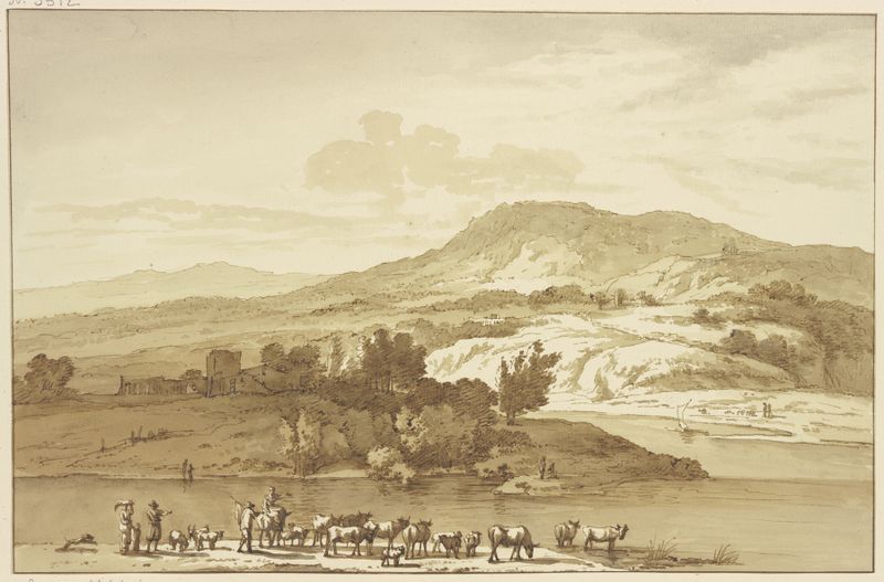 Paisagem mostrando um rio e um rebanho com montanhas ao fundo, de Jan Hulswit