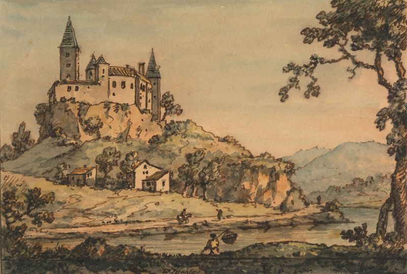 Castle overlooking a river, oil painting by William Marlow