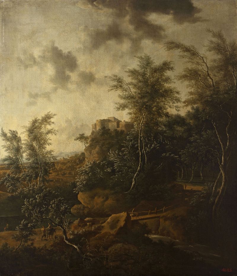 Landscape with a castle by Frederik de Moucheron, oil on canvas depicting a castle on the horizon.